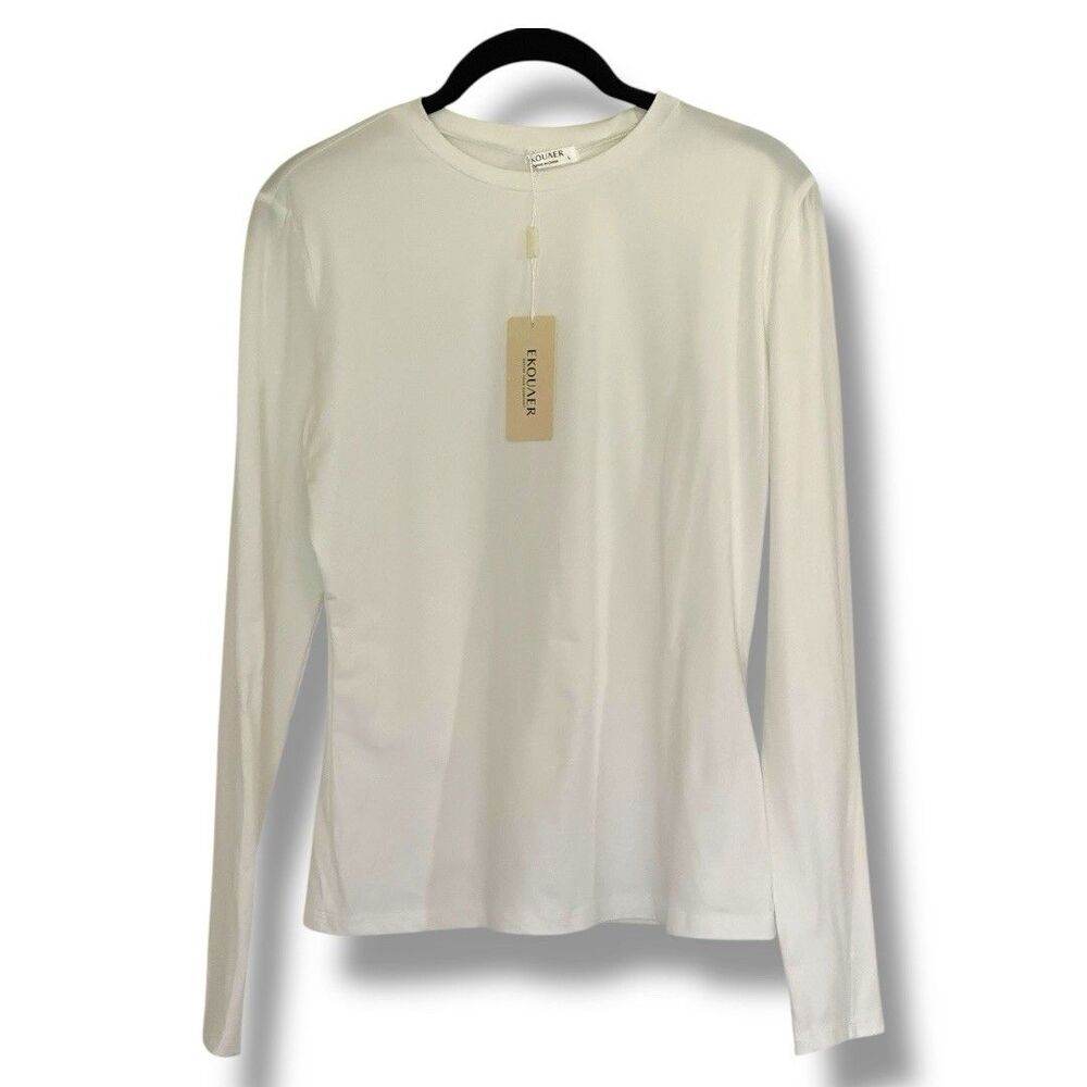 Ekouaer Women’s Long Sleeve Crew Neck Slim Fit Tee Shirt White Size Large